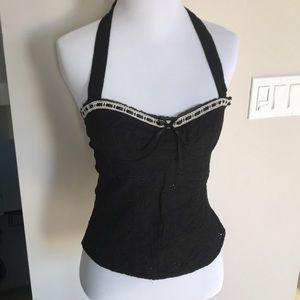 Black eyelet halter top